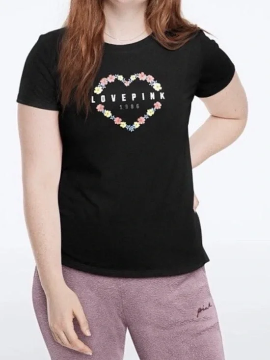 PINK Victoria’s Secret Love Heart Floral Logo Tee Shirt Top - XS - Black - Picture 2 of 10